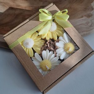 Brązowe, ekologiczne pudełko z okienkiem, ozdobione żółtą wstążką, w którym znajdują się ręcznie robione świece sojowe zapachowe w kształcie stokrotek w kolorach białym i żółtym - AtmosHome.pl